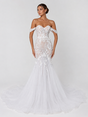 Elegant Off-the-Shoulder Lace Applique Mermaid Wedding Dress with Chapel Train