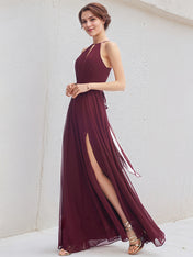 Mulberry A-Line Halter Floor-Length Chiffon Bridesmaid Dress