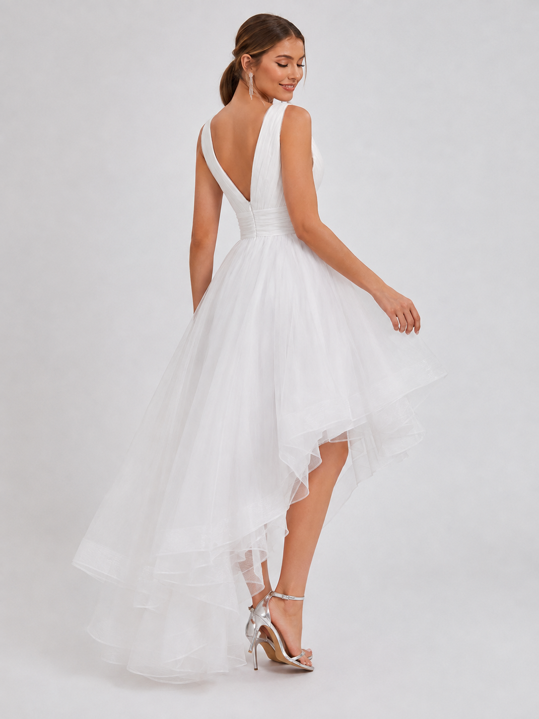 Elegant V-Neck Pleated Tulle High-Low Wedding Dress with Flowing Asymmetrical Skirt