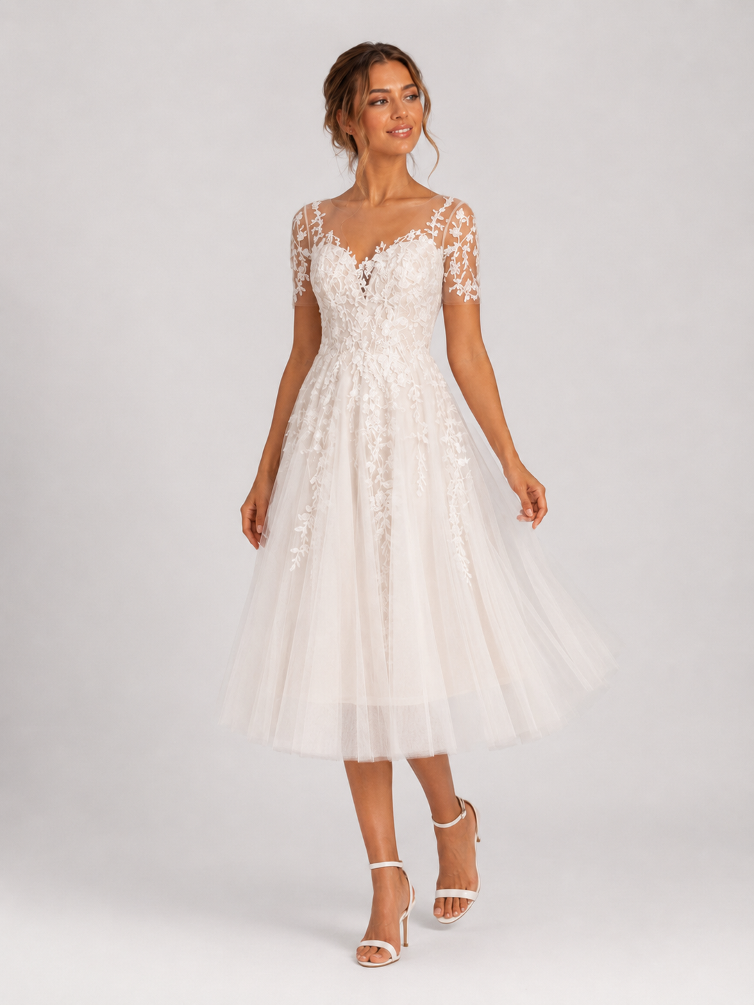 Elegant Short Sleeve Illusion Sweetheart Lace Tea-Length Wedding Dress with Button-Back Detail