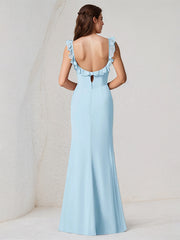 Sky Blue Chiffon Square Neck Sleeveless Floor Length Dress With High Slit