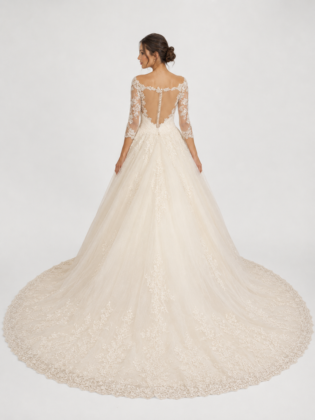Elegant Three-Quarter-Sleeve Lace Applique Tulle A-Line Wedding Dress with Chapel Train
