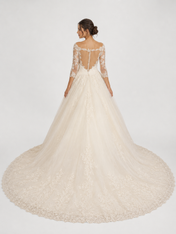 Elegant Three-Quarter-Sleeve Lace Applique Tulle A-Line Wedding Dress with Chapel Train