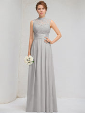 Silver A-Line High Neck Floor-Length Lace Chiffon Bridesmaid Dress With Appliques