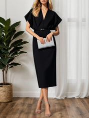 Light Blue Classic V Neck Short Sleeve Dolman Sleeve Sheath Midi Dress