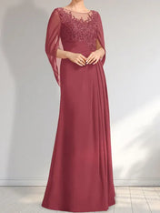 A-line Scoop Illusion Floor-Length Lace Chiffon Mother of the Bride Dress With Pleated Sequins