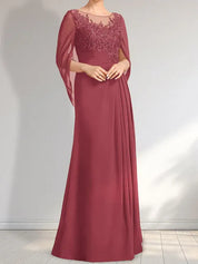 Robe de mère de la mariée trapèze en mousseline de soie et dentelle, longueur au sol, avec décolleté en V et paillettes plissées