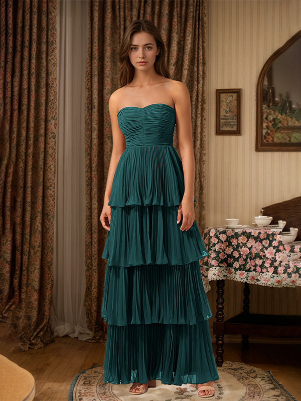 Burgundy A-Line Sweetheart Floor Length Tiered Chiffon Bridesmaid Dress