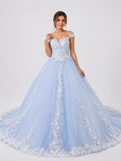 Elegant Off-the-Shoulder Lace Applique Blue A-Line Wedding Dress with Chapel Train