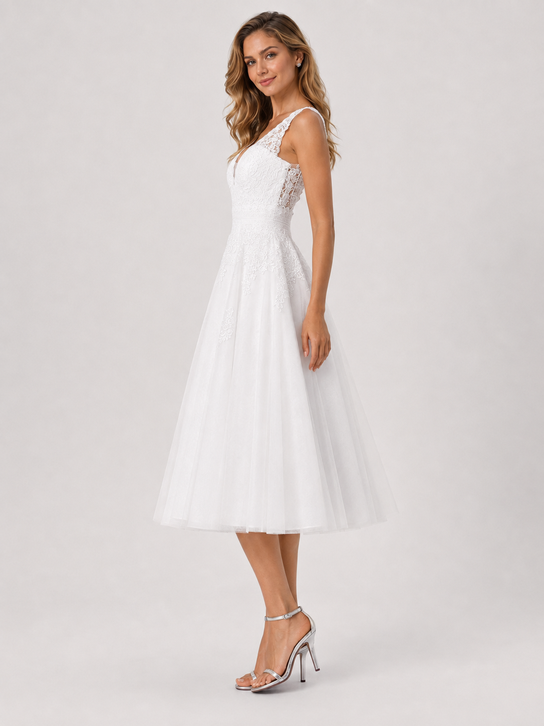 Elegant V-Neck Lace Appliqued Midi A-Line Wedding Dress