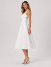Elegant V-Neck Lace Appliqued Midi A-Line Wedding Dress