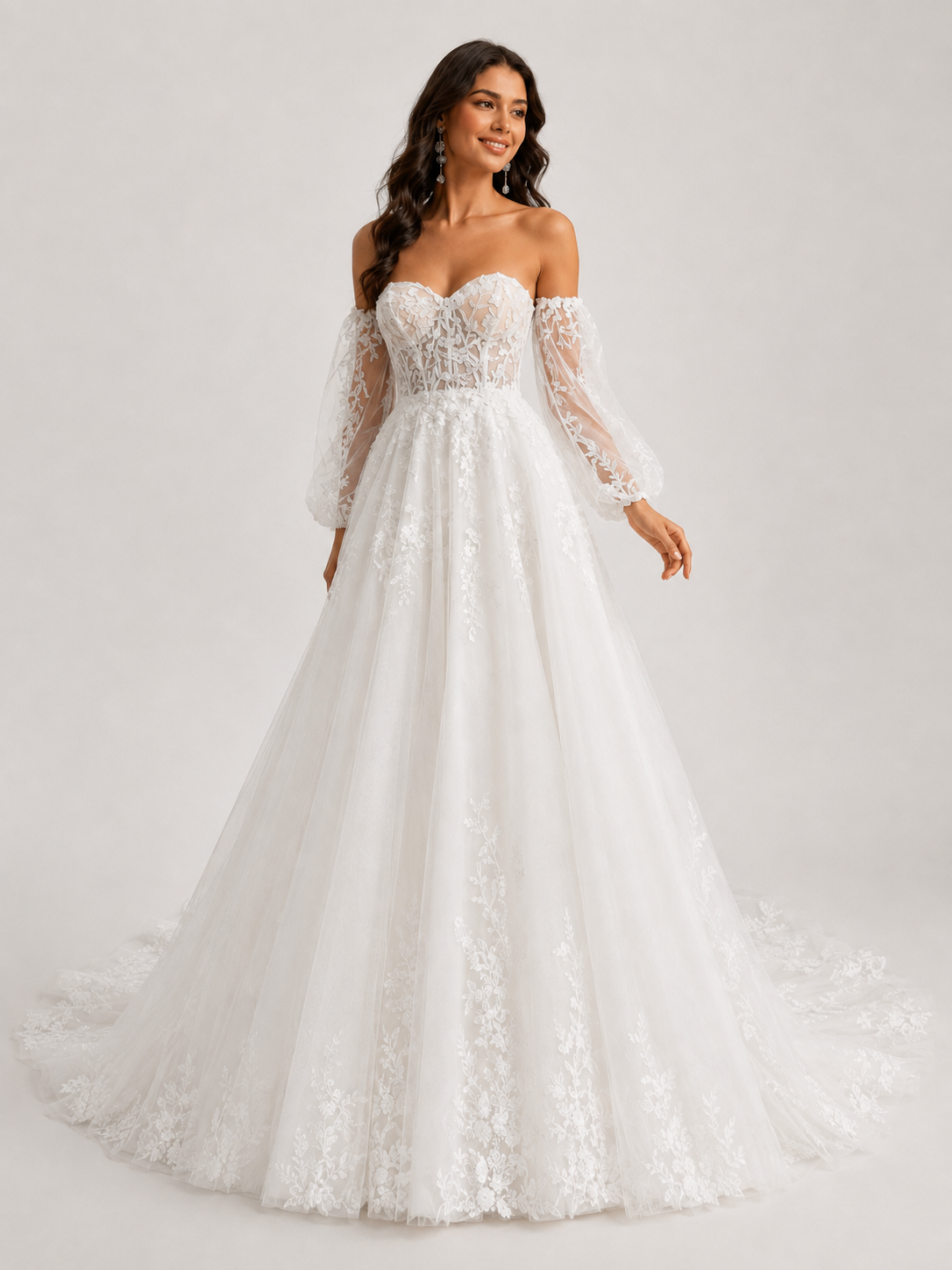 Elegant Off-the-Shoulder Sweetheart Lace Tulle A-Line Wedding Dress with Detachable Bishop Sleeves and Chapel Train