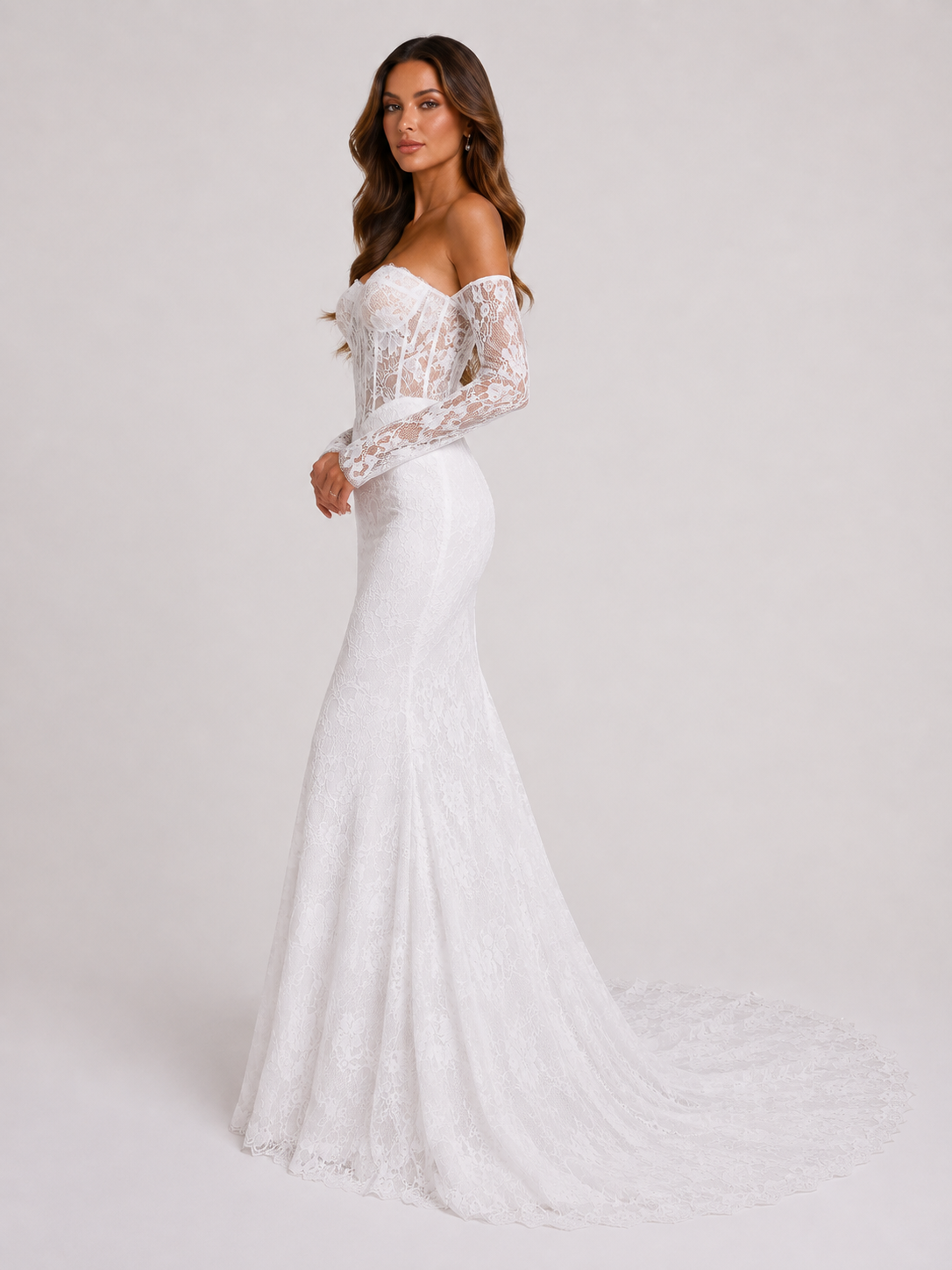 Elegant Off-the-Shoulder Corset Lace Mermaid Wedding Dress with Chapel Train