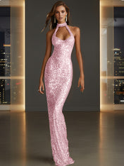 Glamorous Gold Sequin Halter Neck Mermaid Long Prom Dress