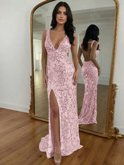 Gold Sequin V-Neck Open Back Mermaid Prom Dress with High Slit