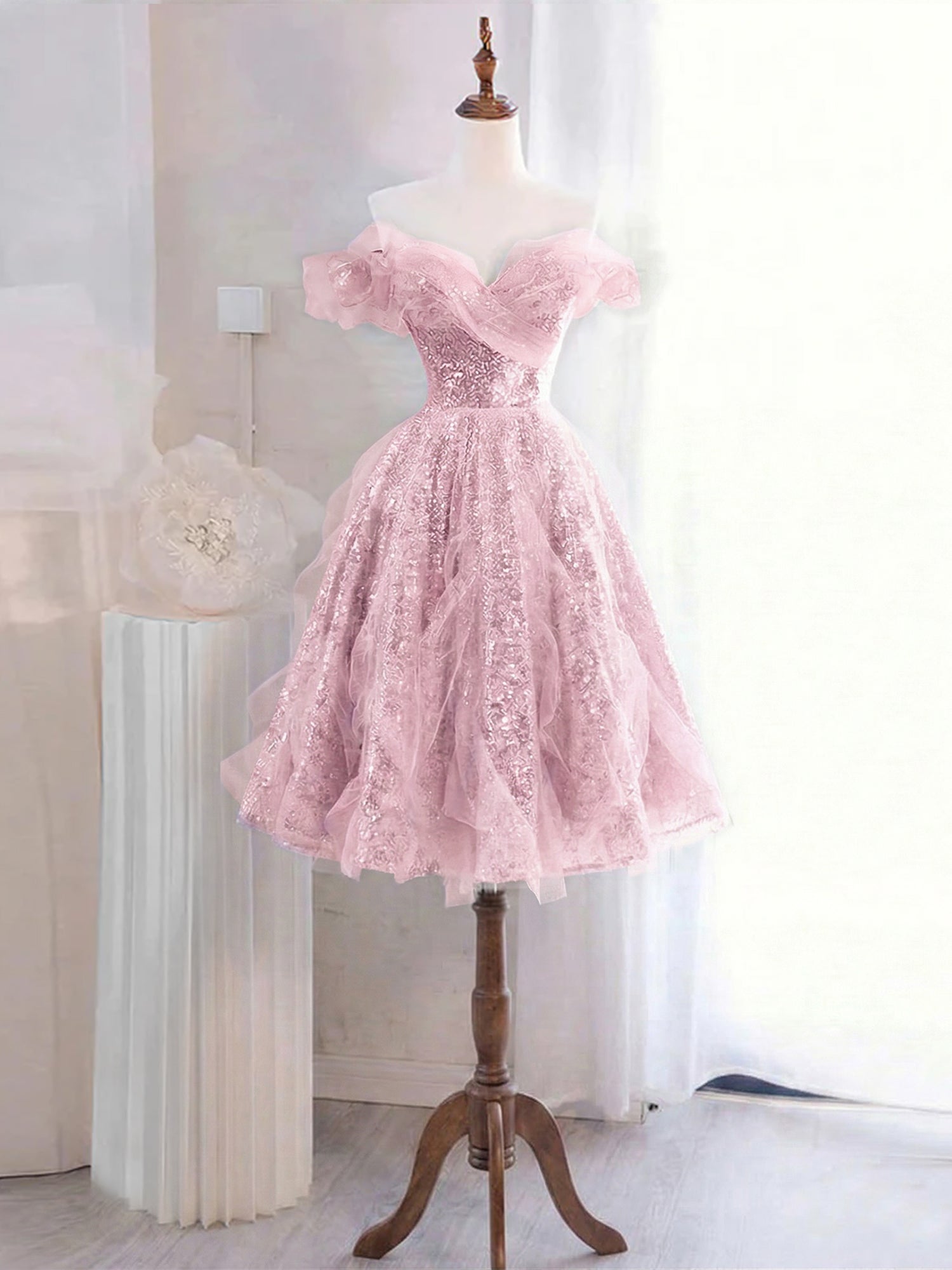 Whimsical Lavender Glitter Tulle Off-the-Shoulder Mini Homecoming Dress
