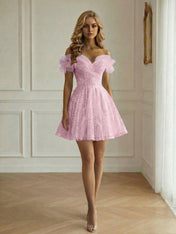 Off-the-Shoulder Lace-Up Back Iridescent Tulle Party Dress Homecoming Dress