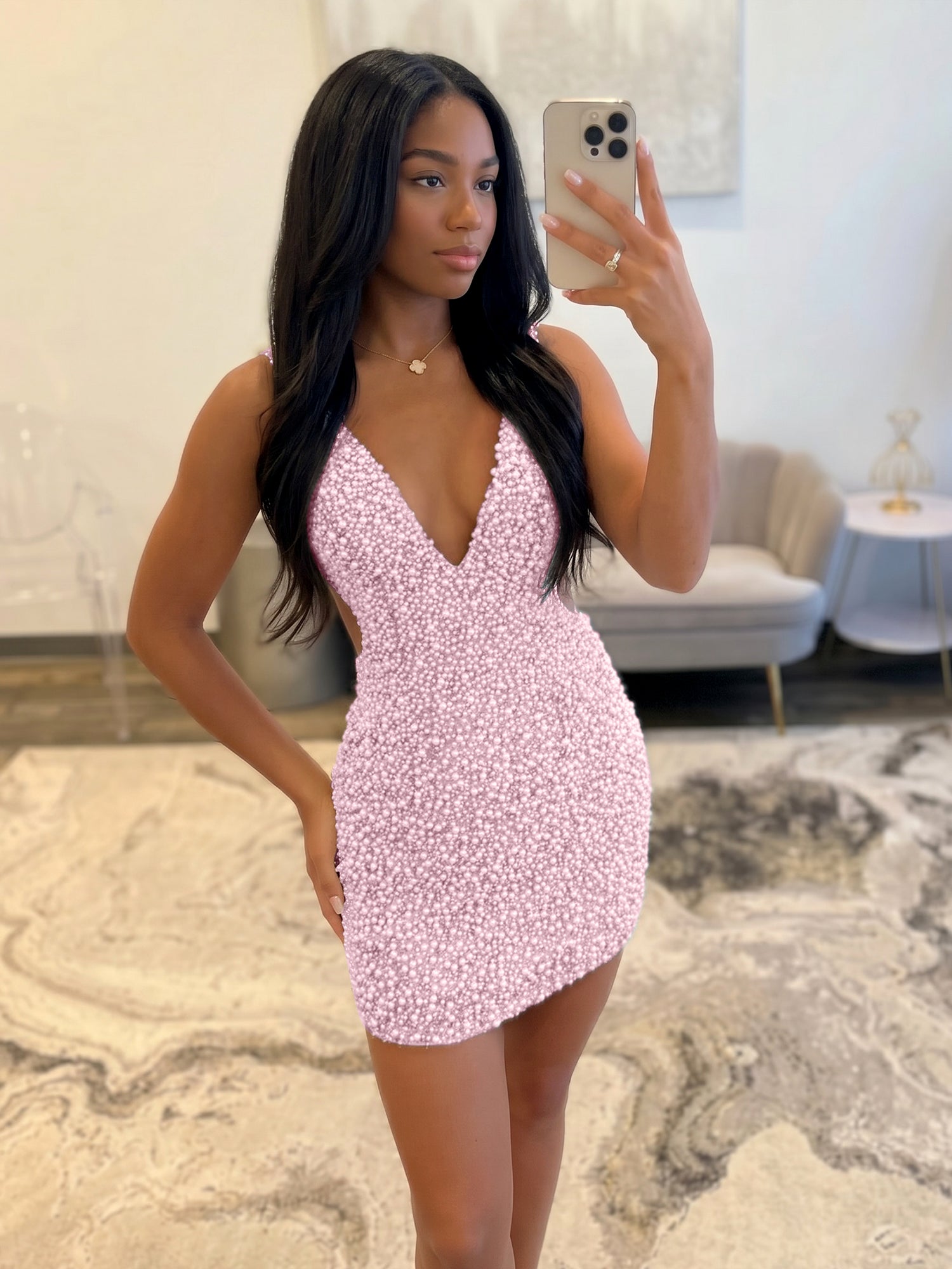 White V Neck Pearl Embellished Short Homecoming Dresses