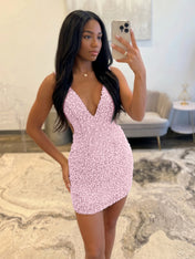 White V Neck Pearl Embellished Short Homecoming Dresses