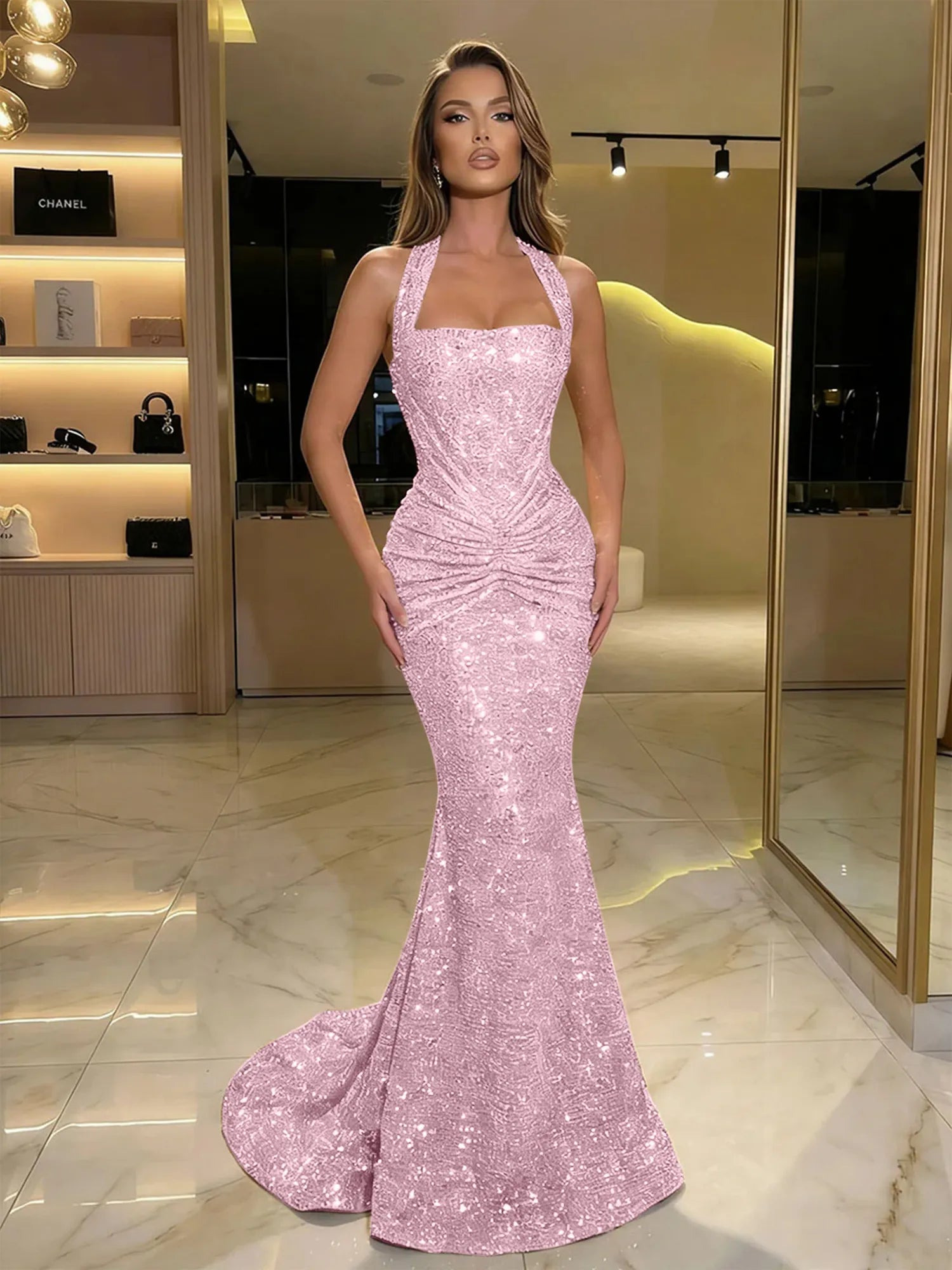 Gold Sequin Halter Mermaid Prom Dress with Ruched Waist