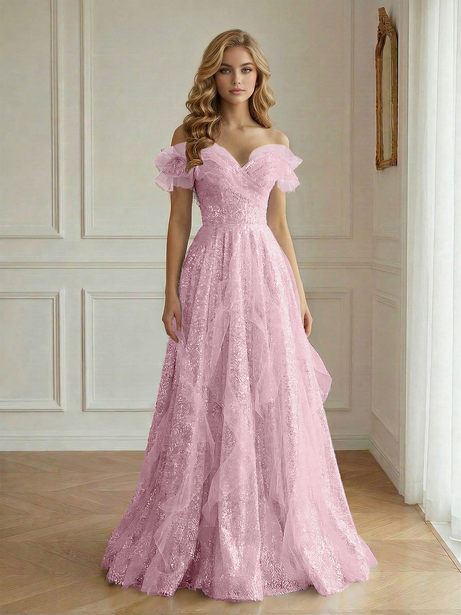 Off-the-Shoulder Sequin Tulle A-Line Gown with Ruffle Accents Prom Dress