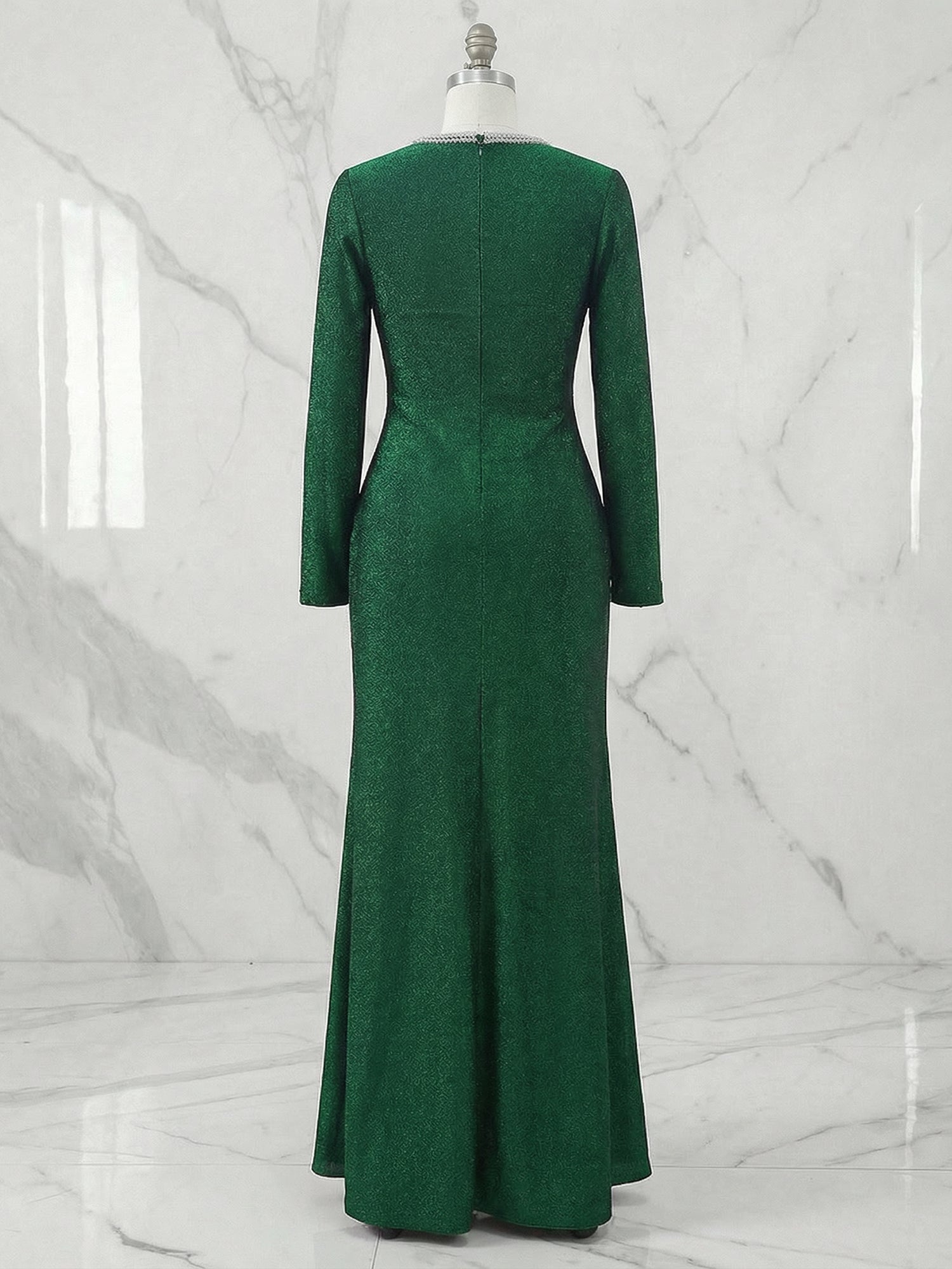 Green Sequin Crew Neck Long Sleeve Sheath Evening Gown Maxi Dress