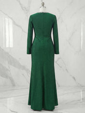 Green Sequin Crew Neck Long Sleeve Sheath Evening Gown Maxi Dress