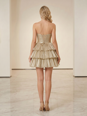 Sweetheart Twist-Front Pleated Homecoming Mini Dress with Tiered Ruffles