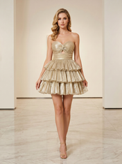 Sweetheart Twist-Front Pleated Homecoming Mini Dress with Tiered Ruffles