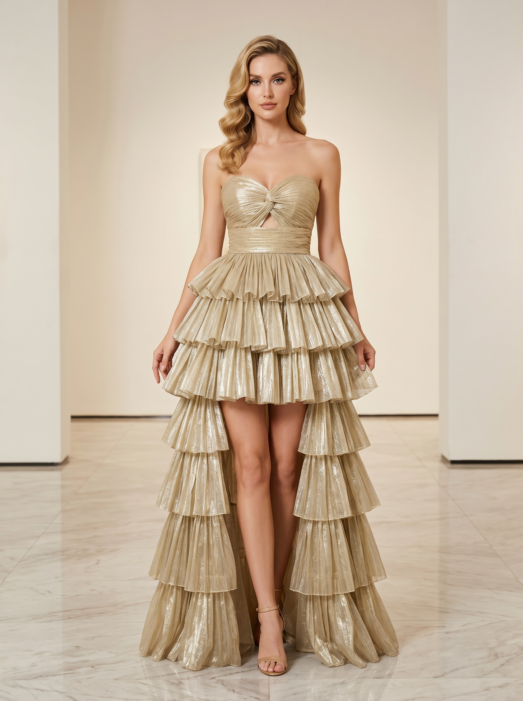 Sweetheart Twist-Front Pleated Long Prom Dress with Tiered Ruffles