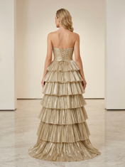 Sweetheart Twist-Front Pleated Long Prom Dress with Tiered Ruffles