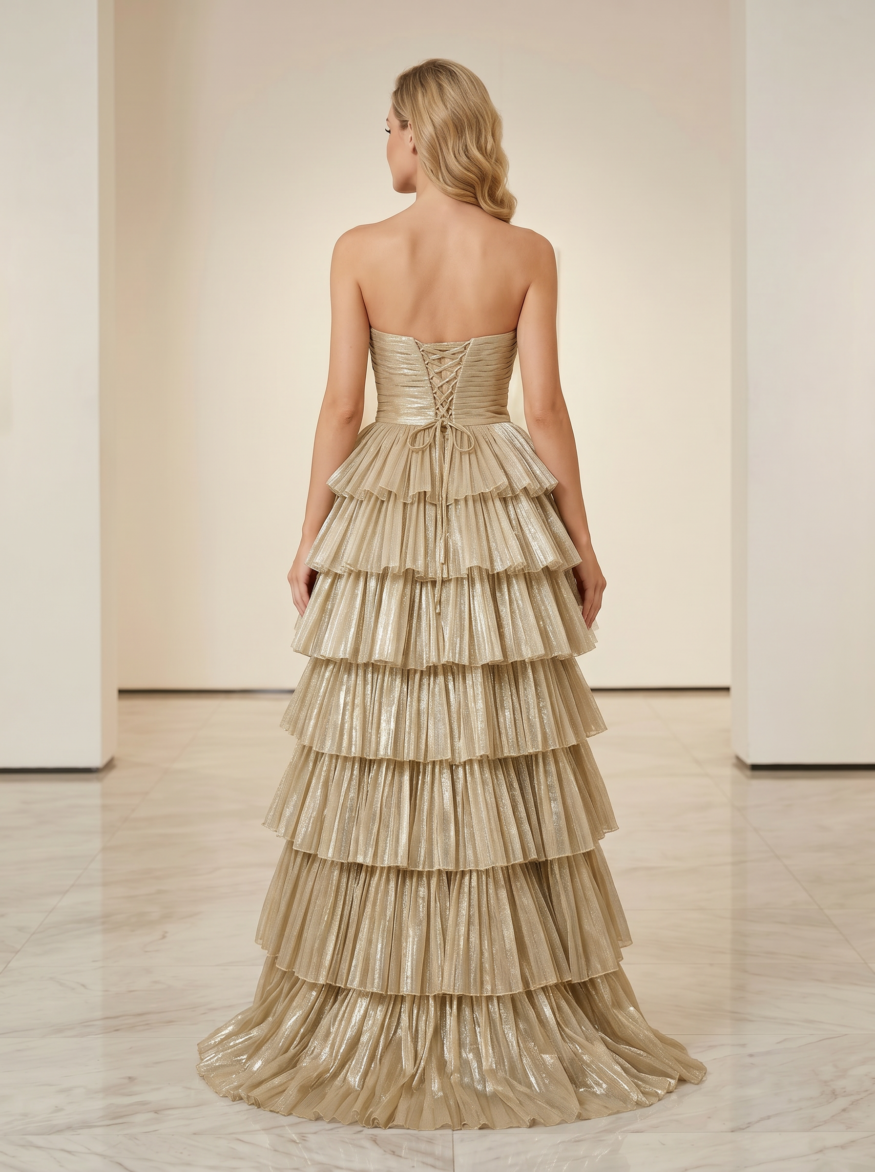 Sweetheart Twist-Front Pleated Long Prom Dress with Tiered Ruffles