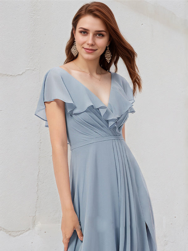 Dusty Blue A-Line V-Neck Floor-Length Chiffon Bridesmaid Dress