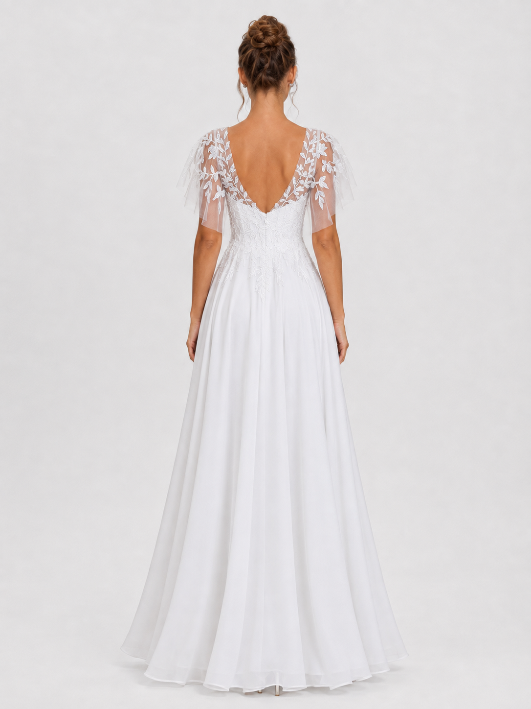 Elegant Flutter Sleeve Embroidered V-Neck Chiffon A-Line Wedding Dress
