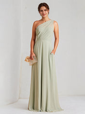 A Line Sage Chiffon One Shoulder Sleeveless Floor Length Dress