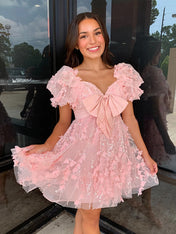 A-Line Puff Sleeves Short Tulle Homecoming Dress With Bowknot