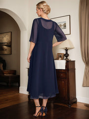 A-line Square Tea-Length Chiffon Mother of the Bride Dress