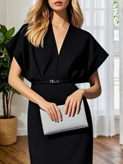 Light Blue Classic V Neck Short Sleeve Dolman Sleeve Sheath Midi Dress