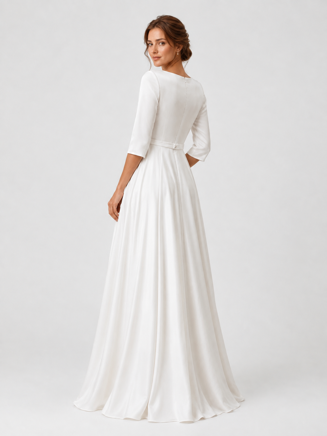 Elegant Boat Neck Satin A-Line Wedding Dress with Half Sleeves and Sweep Train