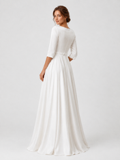 Elegant Boat Neck Satin A-Line Wedding Dress with Half Sleeves and Sweep Train