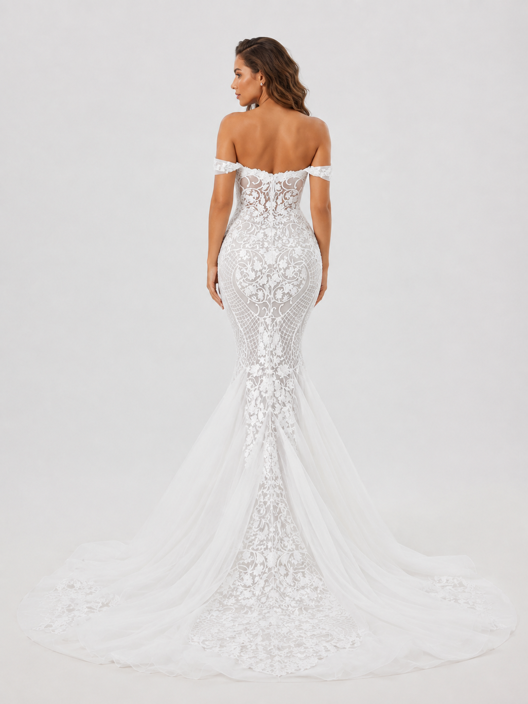 Elegant Off-the-Shoulder Lace Applique Mermaid Wedding Dress with Sweep Train