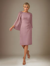 Mauve Sheath/Column Chiffon Bateau Neck Cape Sleeves Knee Length Dress