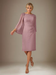 Mauve Sheath/Column Chiffon Bateau Neck Cape Sleeves Knee Length Dress With