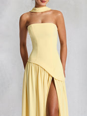 Elegant Mint Green Strapless Pleated Maxi Dress With Slit