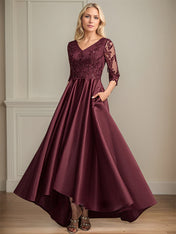 A-line V-Neck Asymmetrical Satin Lace Mother of the Bride Dress With Sequins