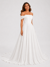 Elegant Off-the-Shoulder Draped Satin A-Line Wedding Dress with Chapel Train