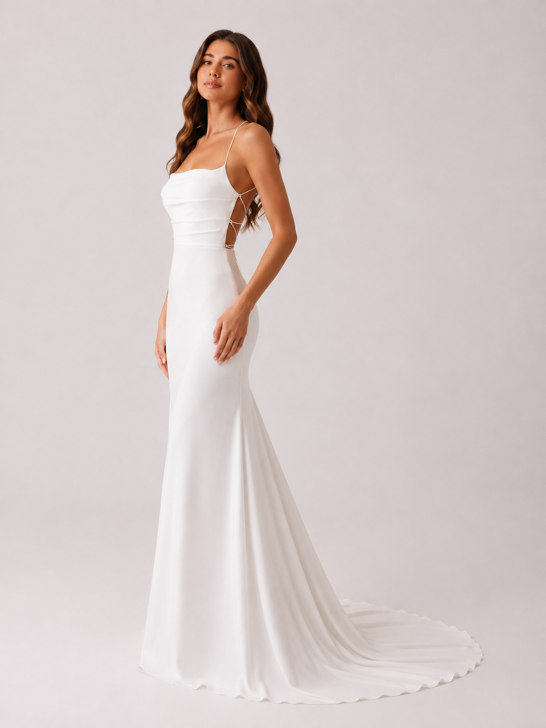 Elegant Square Neck Ruched Satin Sheath Wedding Dress with Crisscross Back and Sweep Train