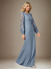 Dusty Blue Stretch Crepe Round Neck Long Sleeves Floor Length Dress With Appliques