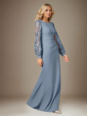 Dusty Blue Stretch Crepe Round Neck Long Sleeves Floor Length Dress With Appliques