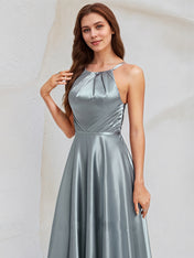 Dusty Blue Satin A Line Halter Neck Sleeveless Floor Length Bridesmaid Dress